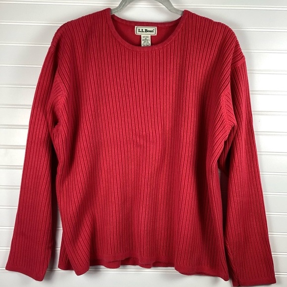 LL Bean Chunky Knit Crewneck Sweater Womens XL Red Ribbed Fisherman 100% Cotton - Picture 1 of 6